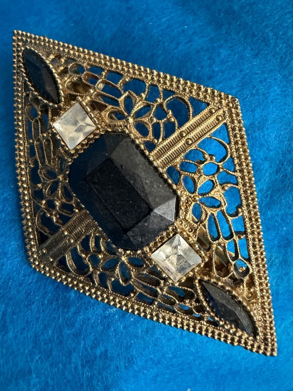 Vintage Made in France Gold Filigree Hair Barrette Black Rhinestone Diamond Shap
